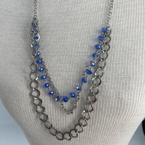 Silvertone blue beaded chain layered necklace - Picture 2 of 3